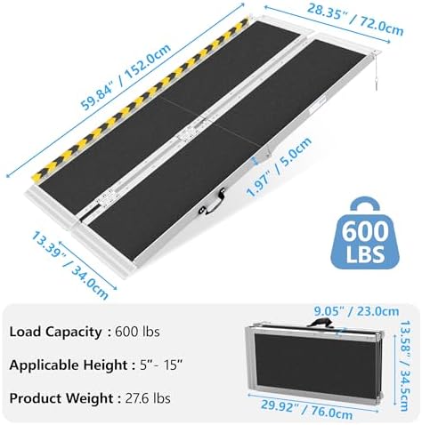 5FT Portable Wheelchair Ramp, Non-Slip Aluminum Folding Handicap Ramp, 600 LBS - Image 2