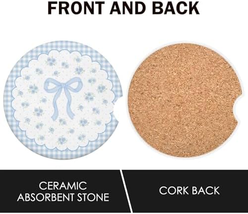 Blue Bow Car Coasters for Cup Holders Set of 2 Floral Absorbent Ceramic Cup - Image 3
