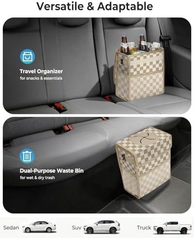 Corduroy Car Trash Can with Lid and Mesh Pockets - Image 5