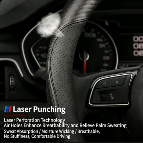 Microfiber Leather Steering Wheel Cover, D-Shape Carbon Fiber Black Wire Trim - Image 4