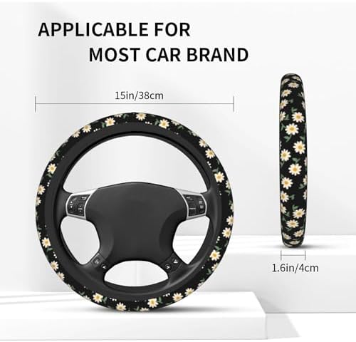 Daisy Flower Steering Wheel Cover 15 Inch + 2Pc Cute car Coasters Set - Image 4