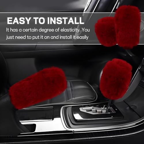 Hovom 2PCS Fluffy Car Gear Shift Knob Cover & Handbrake Cover, Wine Red - Image 5