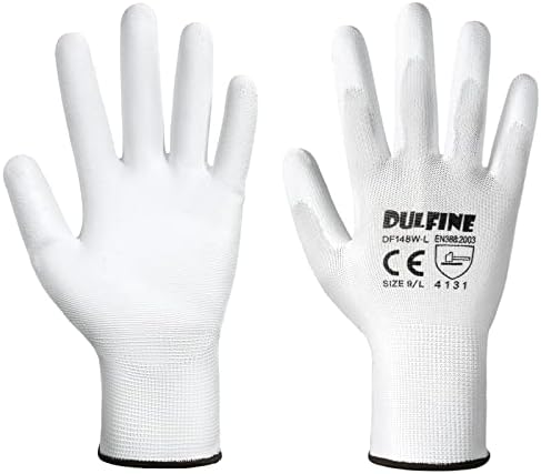 DULFINE Safety Work Gloves for Men & Women 12 Pairs, PU Coated White L - Image 2