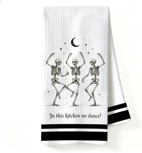 Gothic Kitchen Decor Towel, Dancing Skeleton Halloween Dish Towel by Unknown
