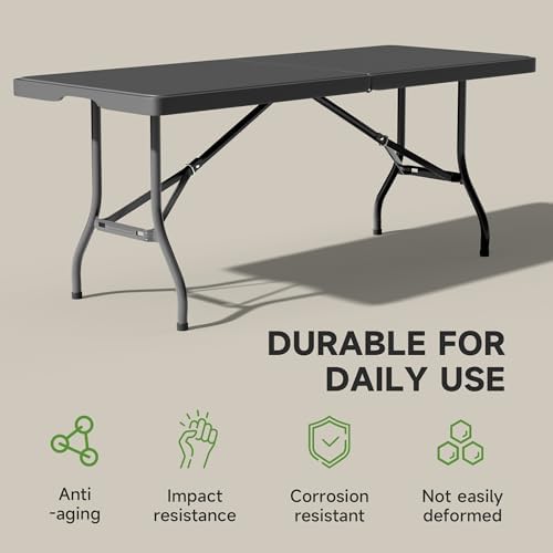 6 Foot Folding Table Black, Sturdy 330LBS Capacity, Reinforced Steel Legs - Image 4