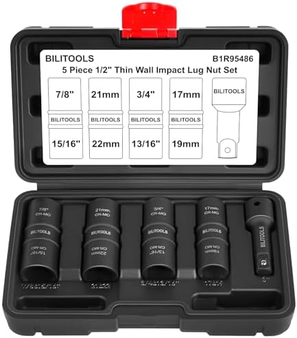BILITOOLS 5pc Flip Lug Nut Socket Set, 1/2" Drive Metric & SAE Non-Marring by BILITOOLS