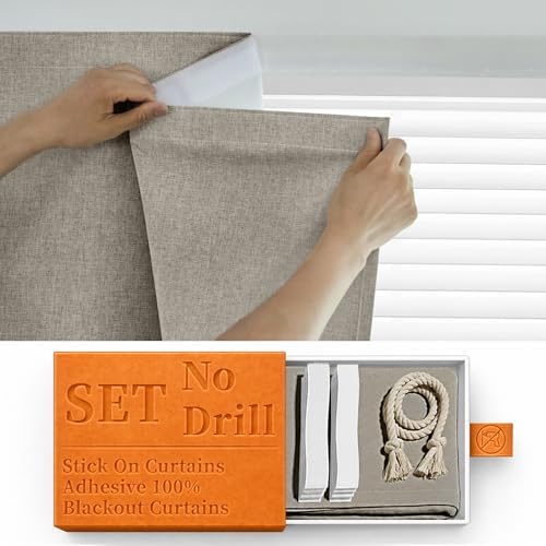 100% Blackout Curtains for Bedroom Stick On Curtain Window Shades Pull Down by Sovtfides
