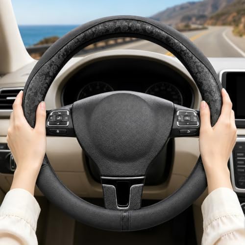 Black Patterned Leather Patchwork Steering Wheel Cover, 14.5-15 Inch Universal - Image 5