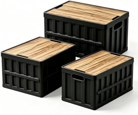3 Pack 50L Black Collapsible Storage Crate Wooden Lid Stackable Bin by Unknown