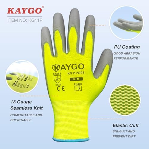 KAYGO Safety Work Gloves for Men Women, PU Coated Palm & Fingers - Image 2