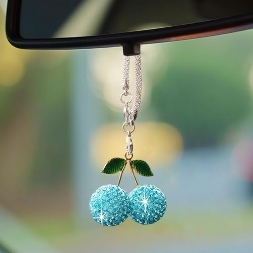 Bling Cherry Car Hanging Ornament, Cute Crystal Rear View Mirror Pendant - Image 2