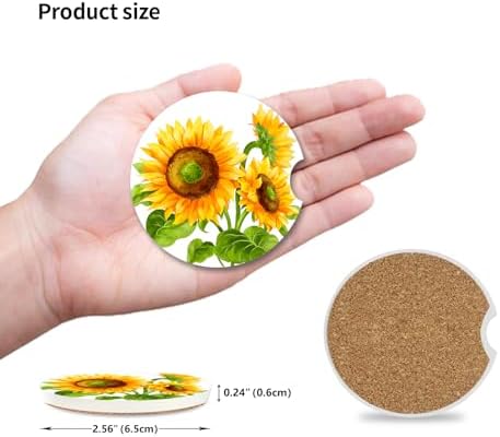 Sunflower Car Coasters for Drinks Absorbent, 2 Pack Cup Holders, 2.56" Ceramic - Image 3