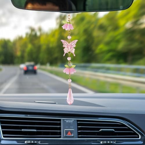 Butterfly Crystal Car Charm Lily Flower Beaded Mirror Hanging - Image 2
