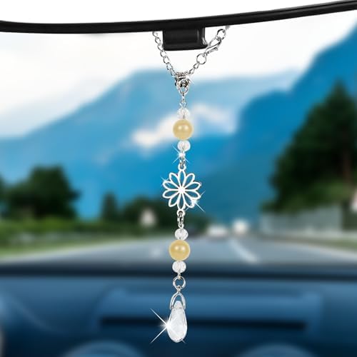 Hovom Flower Car Charm for Rear View Mirror, Cute Crystal Rearview Mirror by Hovom
