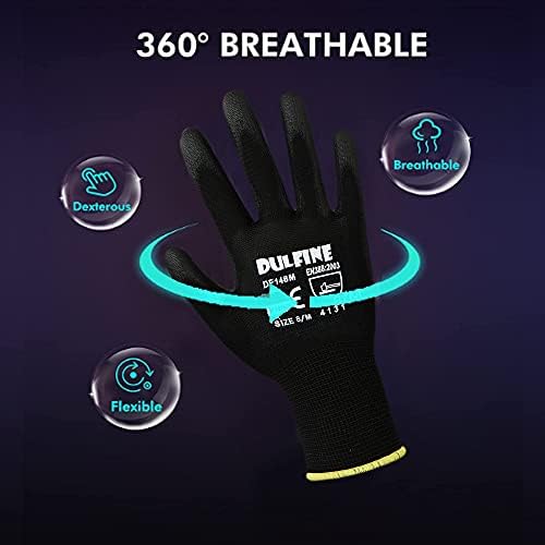DULFINE Safety Work Gloves for Men 12 Pairs, Ultra-Thin PU Coated Black L - Image 3
