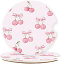 Ceramic Car Cup Holder Coasters Set of 2, 2.56 in Pink Bow Cherry by Mengduxd
