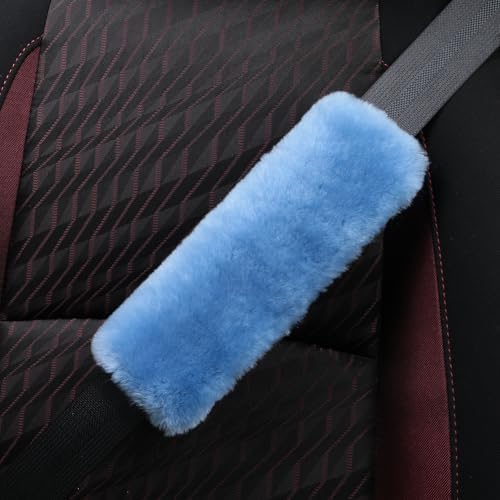 AOGELAN 2 Pack Fluffy Fuzzy Genuine Sheepskin Car Seat Belt Cover Pad Blue - Image 2
