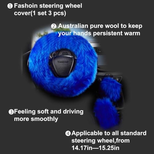 Blue Fluffy Sheepskin Car Steering Wheel Covers - Image 6