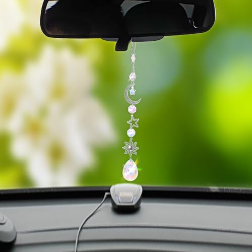 Moon and Star Rear View Mirror Charm, Crystal Boho Car Hanging Decor Cute - Image 5