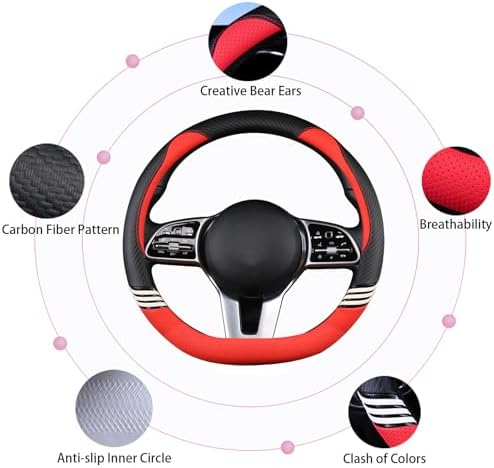 14 inch Cute Leather D Shape Steering Wheel Cover Black Red - Image 5