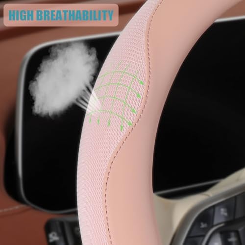 Nappa Leather Pink D Shaped Steering Wheel Cover Women 14 inch - Image 3