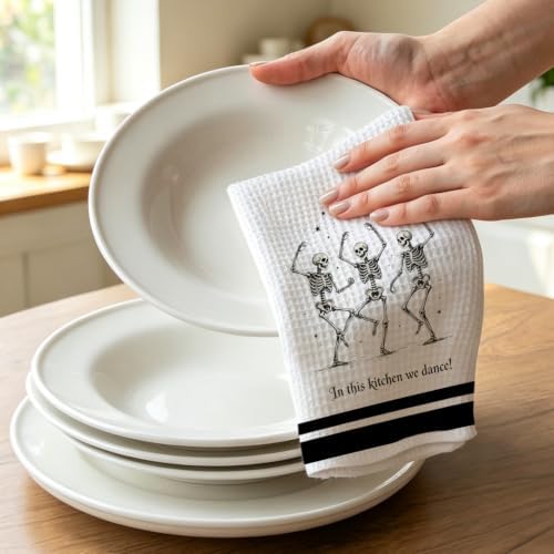 Gothic Kitchen Decor Towel, Dancing Skeleton Halloween Dish Towel - Image 3