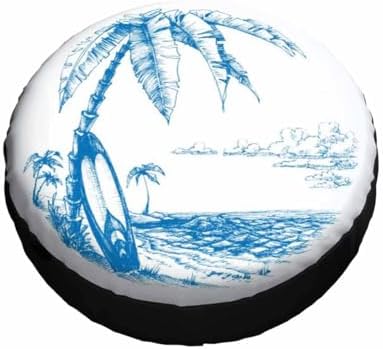 Palm Trees and Sea View Spare Tire Cover Surfing Background Blue Line Drawing - Image 3