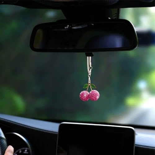Bling Cherry Car Hanging Ornament, Cute Crystal Rear View Mirror Pendant - Image 4