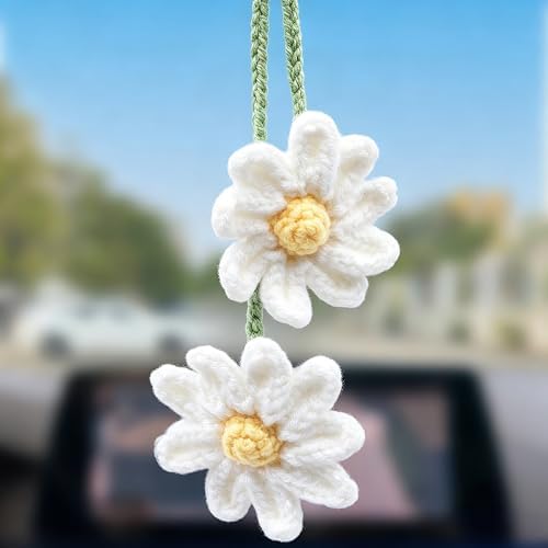Crochet Daisy Car Mirror Hanging Decor – Handmade Knitted Flower Accessories by MEAJOO