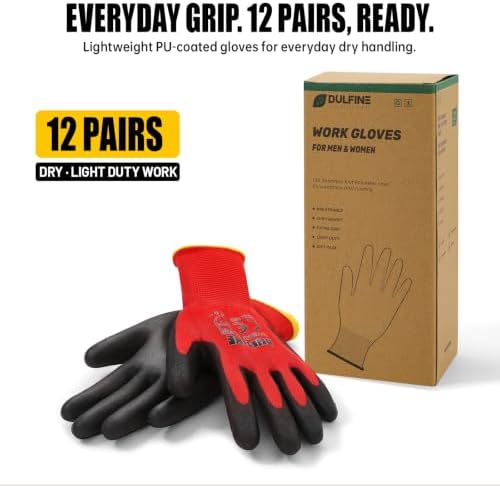 DULFINE Safety Work Gloves for Men & Women 12 Pairs, PU Coated Red S - Image 4