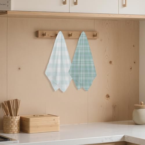 Blue Leaves 2 Pcs Green White Checkered Kitchen Towels Decorative Tea Towel - Image 3