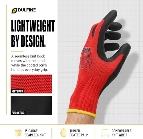 DULFINE Safety Work Gloves for Men 60 Pairs, Ultra-Thin PU Coated Red M - Image 2