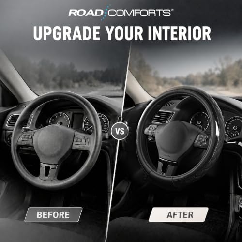 Road Comforts Leather Steering Wheel Cover – Black & Black, Universal Fit - Image 5