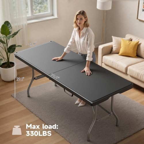 6 Foot Folding Table Black, Sturdy 330LBS Capacity, Reinforced Steel Legs - Image 4