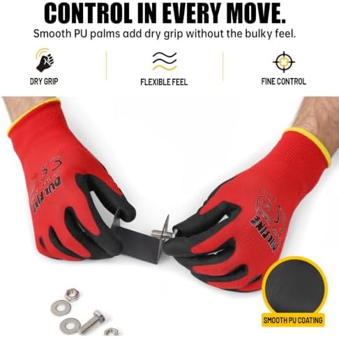 DULFINE Safety Work Gloves for Men 60 Pairs, Ultra-Thin PU Coated Red M - Image 3