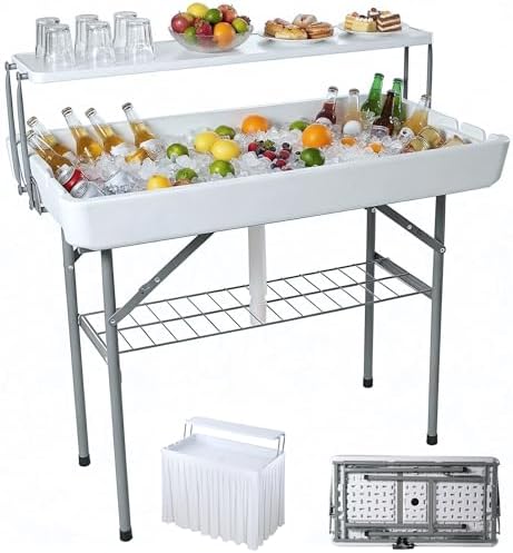 Double-Layer Cooler Table with Drain & Storage Rack, Portable Folding Ice by aoole