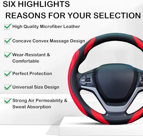 Concave Convex Massage Black Red Microfiber Leather Steering Wheel Cover - Image 5