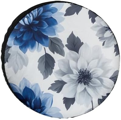 Camping Spare Tire Cover Blue and Grey Dahlia Flower Wheel Tire Covers by HighonHi