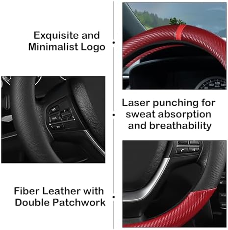 Black & Red Carbon Fiber Leather Steering Wheel Cover, 14.5-15 Inch Non-Slip - Image 6