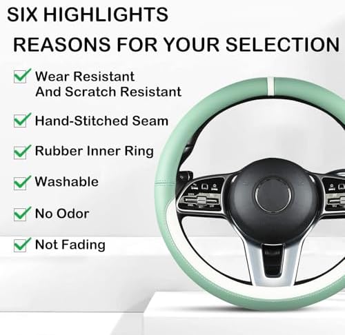 Green & White Nappa Leather Steering Wheel Cover, Cute Car Steering Wheel Cover - Image 4