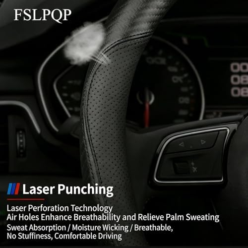 Microfiber Leather Steering Wheel Cover, Round Carbon Fiber Black Wire Trim - Image 4