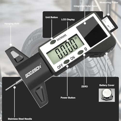 GODESON Digital Tire Tread Depth Gauge, Solar & Battery Power, Inch/MM Display - Image 2