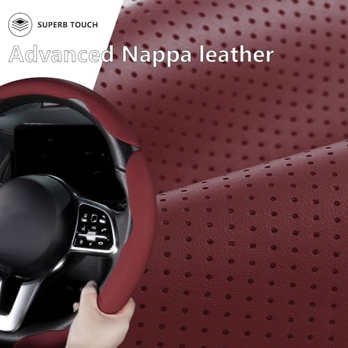 Car Steering Wheel Cover Leather 14.5-15 in Universal 3Pcs Set Wine Red - Image 2