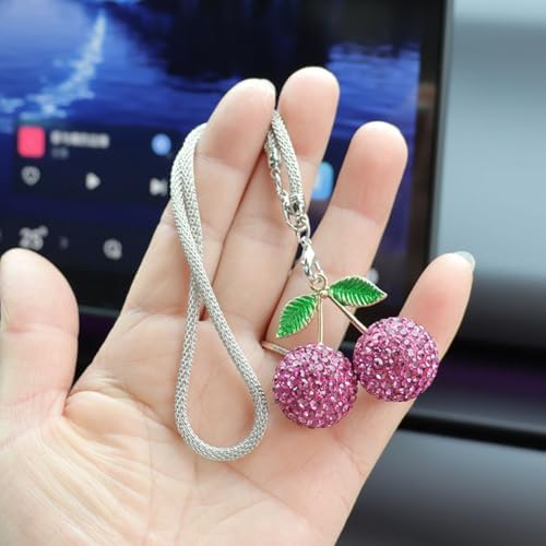 Bling Cherry Car Hanging Ornament, Cute Crystal Rear View Mirror Pendant - Image 2