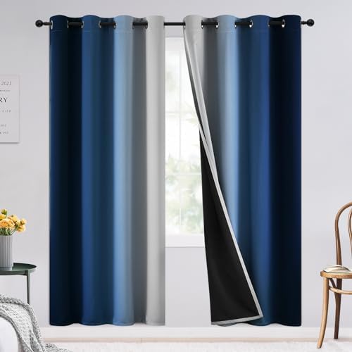 SimpleHome 100% Blackout Ombre Bedroom Curtains Blue and Greyish White by SimpleHome