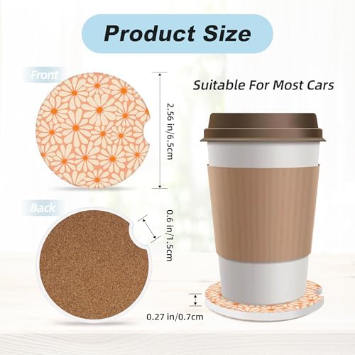 Orange Floral Car Coasters for Cup Holders, 2 Pack Car Cup Holder Coasters for - Image 3