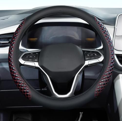 Coverado Car Steering Wheel Cover, Nappa Leather Black & Redline Steering Wheel by COVERADOAUTO