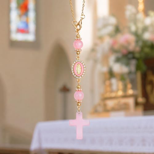 Pink Cross Crystal Rearview Mirror Charm Hanging Ornament Car - Image 4