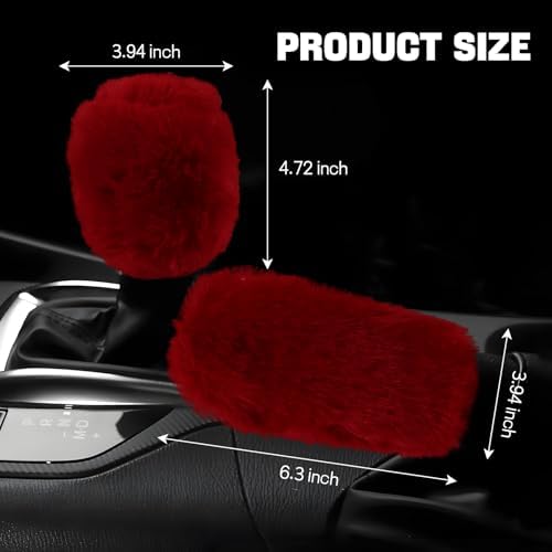 Hovom 2PCS Fluffy Car Gear Shift Knob Cover & Handbrake Cover, Wine Red - Image 2