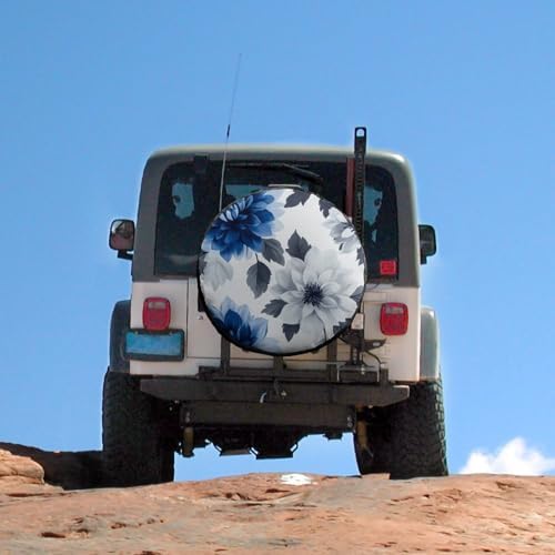 Camping Spare Tire Cover Blue and Grey Dahlia Flower Wheel Tire Covers - Image 5